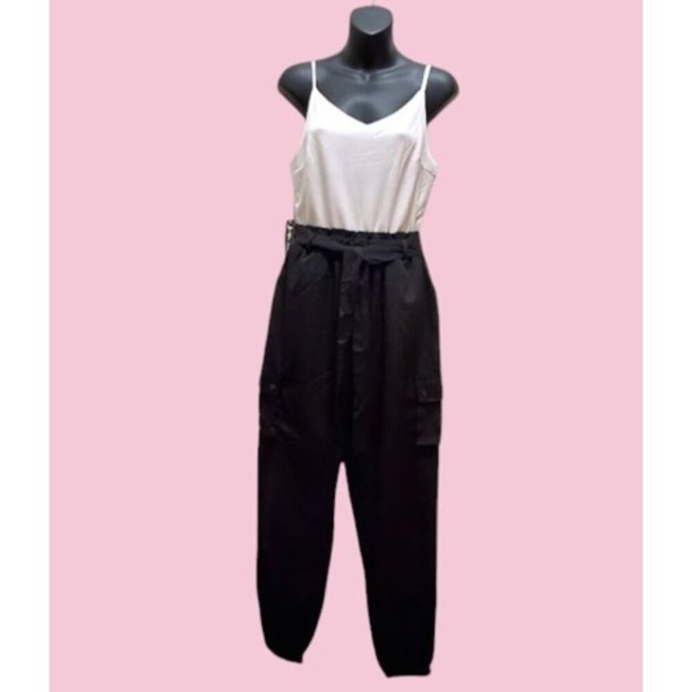 J for Justify Sleeveless Black & White Tie Waist Cargo Jumpsuit Size M